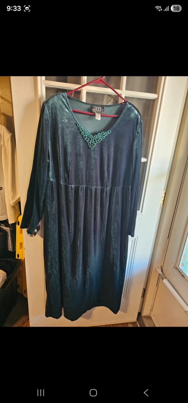 Vintage 90s More Jazz Teal Crushed Velvet Maxi Dress Beaded Lace 18
